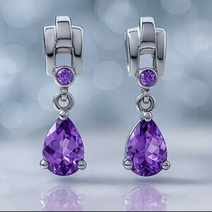 Natural Amethyst & Diamond Accent Drop Earrings White Gold Filld Sterling Silver
